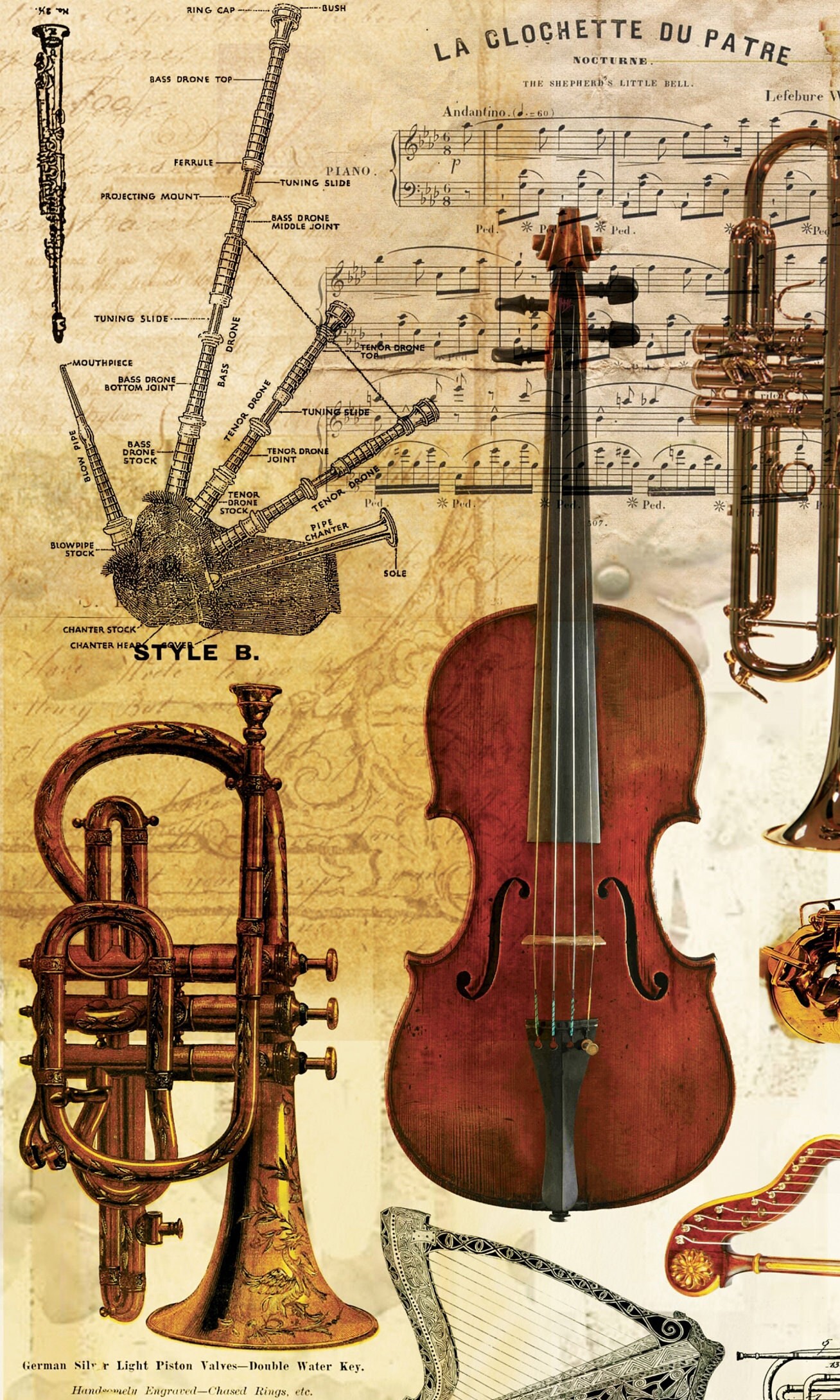 Musical Instruments Vintage Decoupage Paper - Decoupage Art - Large ...