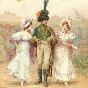 May include: A painting of a man in a military uniform standing between two women in elegant dresses. The man is wearing a green and gold uniform with a black feathered hat. The women are wearing white dresses with pink and purple accents. The painting is set in a park with trees and a tent in the background.