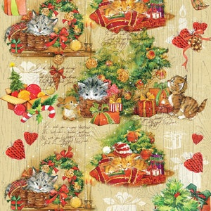 Lovely Kitten - Vintage  Merry Christmas - Decorative Christmas Paper - Decoupage for Furniture - Large Size Rice Paper for Decoupage