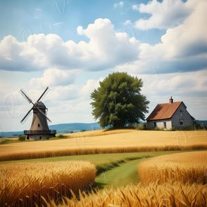Papel de decoupage grande - Tamaño 6 - Molino de viento con campo de trigo dorado - Papel de arroz - Cielo azul