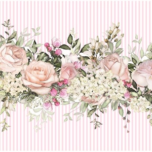 May include: A seamless pattern featuring a watercolour illustration of pink roses, white flowers, and green leaves on a pink and white striped background.