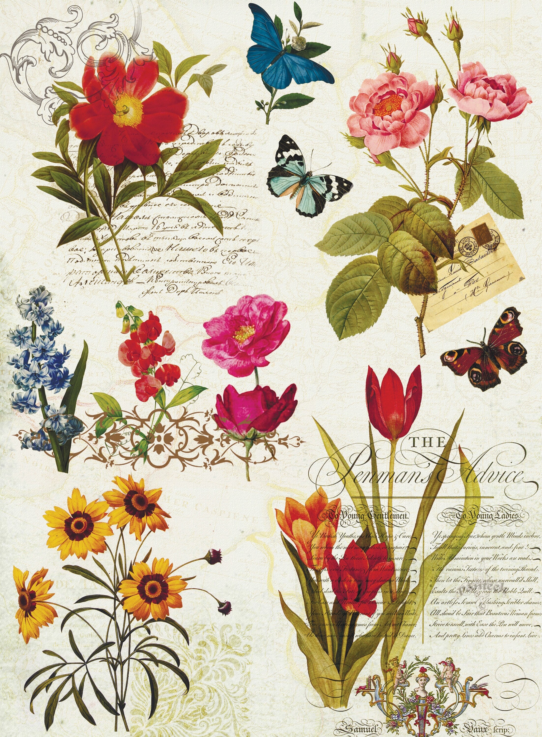 Spring Decopauge Spring Flowers Vintage Decoupage Paper - Decoupage Art - Large Size ...