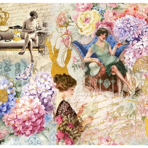 May include: A vintage-inspired collage featuring women in various poses, surrounded by flowers, a gold crown, and a couch. The collage has a whimsical and romantic feel.