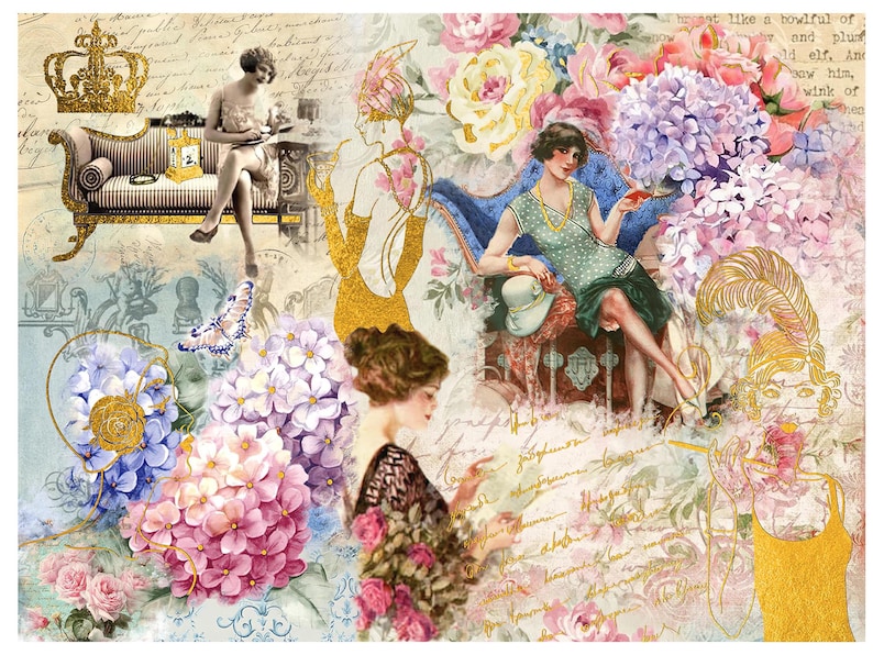 May include: A vintage-inspired collage featuring women in various poses, surrounded by flowers, a gold crown, and a couch. The collage has a whimsical and romantic feel.
