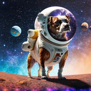 Groot decoupagepapier voor meubels - Rijstpapier voor decoupage - Galactische hond - Decoupagepapier - Kleurrijke planeten en sterren - Astronaut