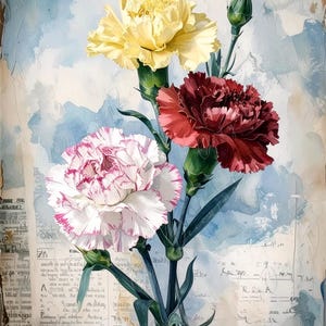 Ramo de claveles - 7 tamaños - Papel de decoupage grande para muebles - Arte botánico