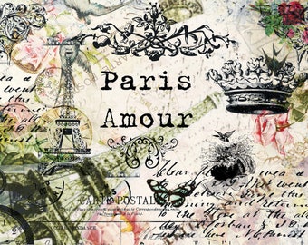 Puede incluir: Un collage de estilo vintage con una imagen en blanco y negro de la Torre Eiffel, una corona y las palabras "Paris Amour". El fondo es de color crema con texto descolorido y patrones florales.