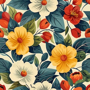 Papel Floral Decoupage - Padrão Repetitivo - 6 Opções de Tamanho - Amarelo Vermelho Verde