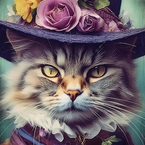 Carta Decoupage Grande per Mobili - Gatto con Cappello - Carta di Riso - Carta Decoupage - Ritratto Floreale
