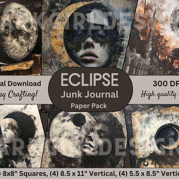 Eclipse Junk Journal Kit Papers, Printable Eclipse Mixed Media Papers, Ephemera, scrapbook paper, moody wall art, dark academia journal kit