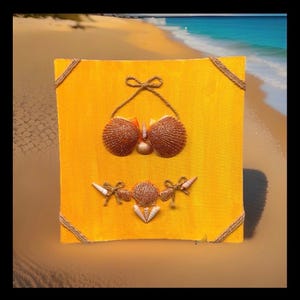 Arte mural 3D de conchas marinas sobre lienzo Yw de 10 x 10 pulgadas, bikini con purpurina oro rosa, pieza única.