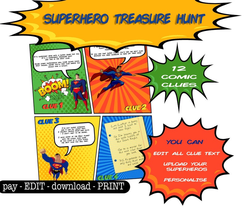 Superhero Treasure Hunt Clues Printable. Indoor scavenger. | Etsy