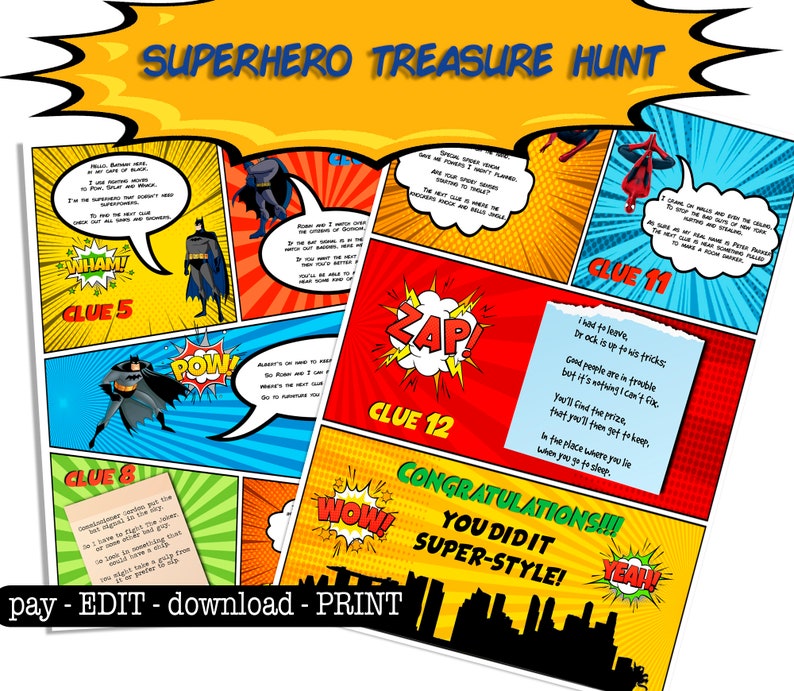 Superhero Treasure Hunt Clues Printable. Indoor scavenger. | Etsy