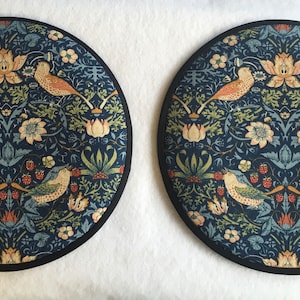 Magnetic Option. Pair of Aga lid covers, mats. William Morris Strawberry Thief in Navy.