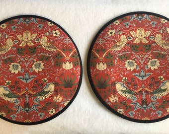 Magnetic Option. Pair of Aga lid covers, mats. William Morris Strawberry Thief in Red.