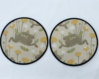 Magnetic Option. Pair of Aga lid covers, mats. Hare in yellow. Available with hanging loops.