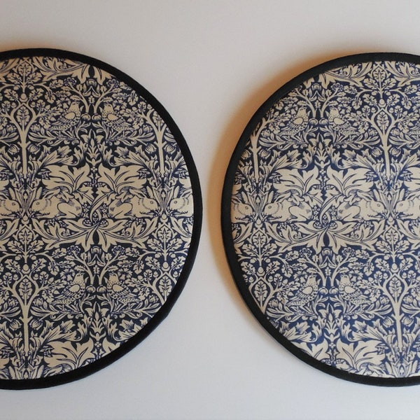 Magnetic Option. Pair of Aga lid covers, mats. William Morris Brer Rabbit in navy and cream.