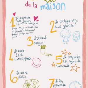 May include: A colourful illustration with seven rules for children, written in French. The rules are: 1. Respect others, 2. Share and be kind, 3. Help tidy up, 4. Follow instructions, 5. Respect safety rules, 6. Be polite, 7. Be patient.