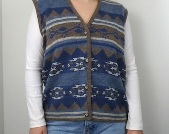 Vintage 1990s Jordano Blue Grey Aztec Knit Sweater Vest – Size Large Grandpa Style