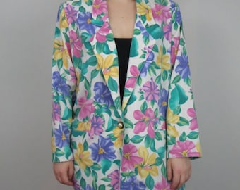 Vintage 1980s Bonworth Floral Blazer Jacket – Colorful 80s Floral Print – Size Large