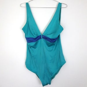 Vintage 1980s Danskin Teal & Blue One-Piece Swimsuit – Size 18 – Low Back Bathing Suit – Retro 80s Swimwear