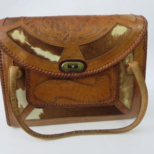 Vintage Tooled Leather Mexican Cowhide Western Purse - 1970s Brown Leather Bag