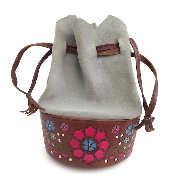 Vintage 1960s Tooled Leather Mexican Drawstring Bucket Bag - Vintage 70s Mexican Tooled Bag - Colourful Leather Tooled - Suede Bucket Bag