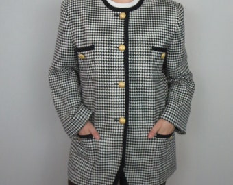 Vintage 1980s Oleg Cassini Wool Houndstooth Blazer – Black & White – Size 14
