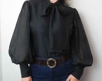 Vintage 1970s Elite Black Sheer Pussybow Blouse – Bishop Puff Sleeves – Statement 70s Blouse – Size 14