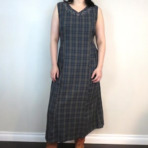 Vintage 1990s April Cornell Plaid Tartan Maxi Dress - Cottagecore Grunge Sleeveless Summer Dress