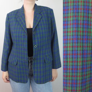 Vintage oversized blauwgroen rode geruite tartanblazer – grote dames