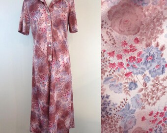 Vintage 1970s Grey Pink Floral Polyester Button-Up Dress - Retro Collared Midi Dress