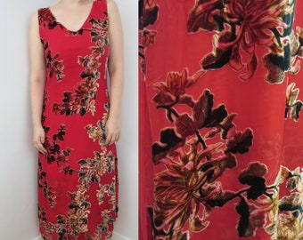 Vintage Y2K Silk Velvet SIlk - Velvet Maxi Red Y2K Dress - Prom Dress - Colwater Creek Dress - Wedding Guest Dress - Floral Dress Silk