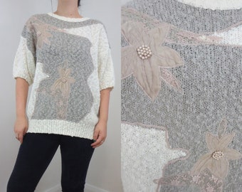 Vintage Bubbles International Patchwork Knit Sweater – Floral Lace, Size Large