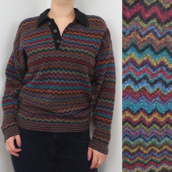 Vintage Frank Michael Multicoloured Chevron Collared Sweater - Vintage Collared Rainbow Sweater -  Wool Sweater Unisex Mens Wool Sweater LG