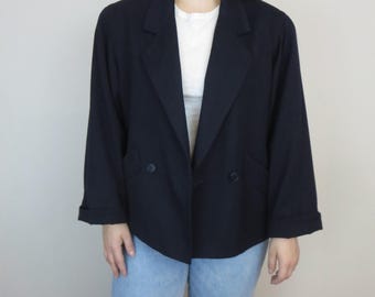 Vintage 1980s Jaeger Navy Wool Cropped Blazer Jacket – Made in Britain – Size 14