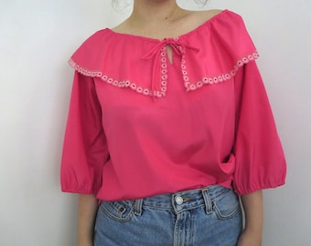 1970's Marjorie Hamilton Ruffle Bib Blouse - Hot Pink 70's Blouse - 1970's Bib Collar - 70's tunic - Puff sleeve ruffle collar