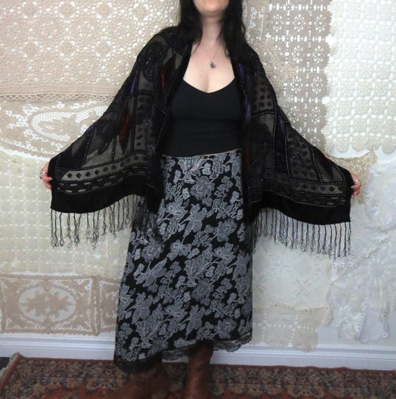 Vintage Black Velvet Burnout Shawl – Paisley Diamond Fringe, Silk Cotton Blend , Stevie Nicks Style