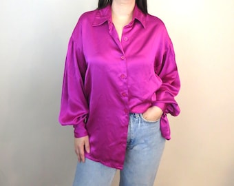 Vintage 1990s Diane Von Furstenberg Pink Satin Blouse – Bishop Sleeve Button-Down – Size 10 DVF