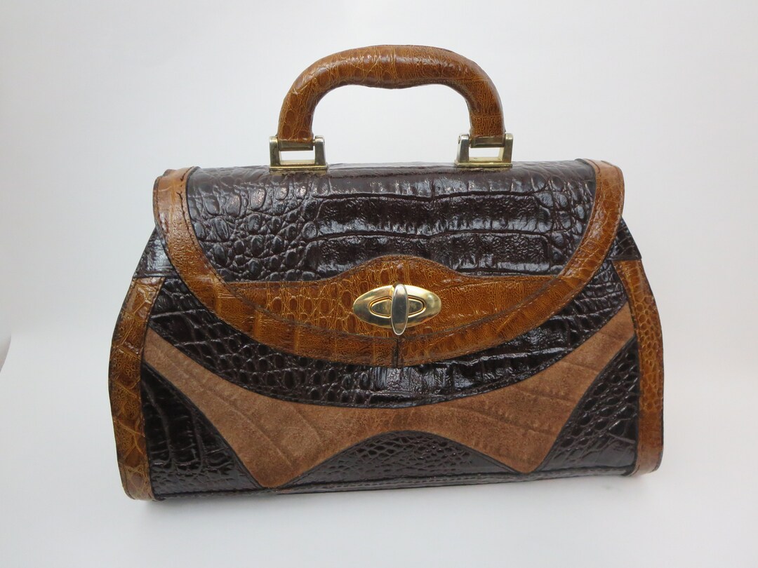 Vintage Italian Leather Handbag Embossed Faux Crocodile Etsy