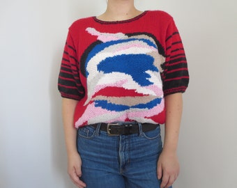 Vintage Abstract Short Sleeve Knit Sweater – Colorful Retro Patterned Knit T-Shirt – Unique 1980s Knitwear