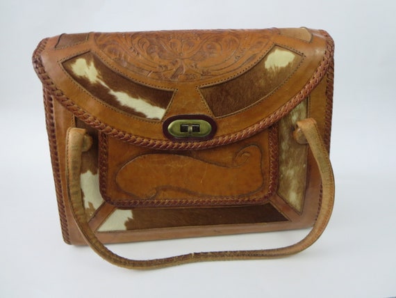 Vintage Leather Mexican Tooled Cowhide Western Bag Cow Hyde Bag  