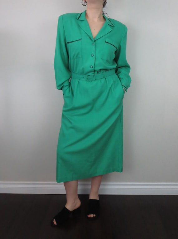 Vintage 1980s Green Belted Shoulder Pad Dress - Braemar Long Sleeve  Structured Dress - Medium Retro Power Dress - Etsy