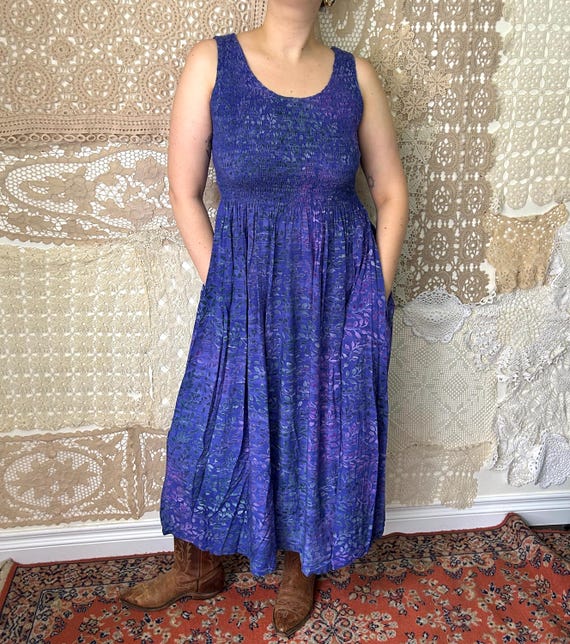 90s style maxi dresses Vintage Purple Floral Rayon Dress – Smocked Boho Summer Dress Back Necklace Length:11