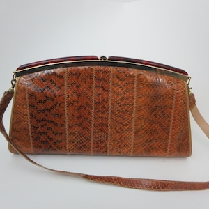 Vintage 1970s Faux Snakeskin Brown Clamshell Snap Purse - Shoulder Bag