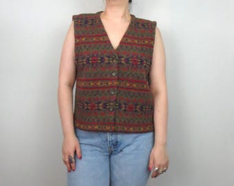 Vintage 1990s Lizsport Wool Blend Fair Isle Button-Up Sweater Vest – Embroidered Pattern – Size Large