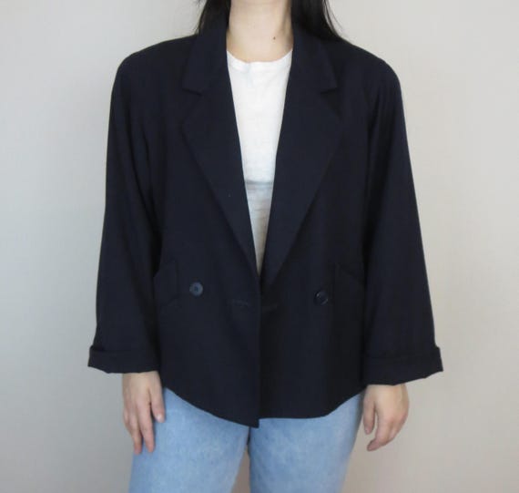 70s Navy 100% Wool Crop Blazer XS/S
