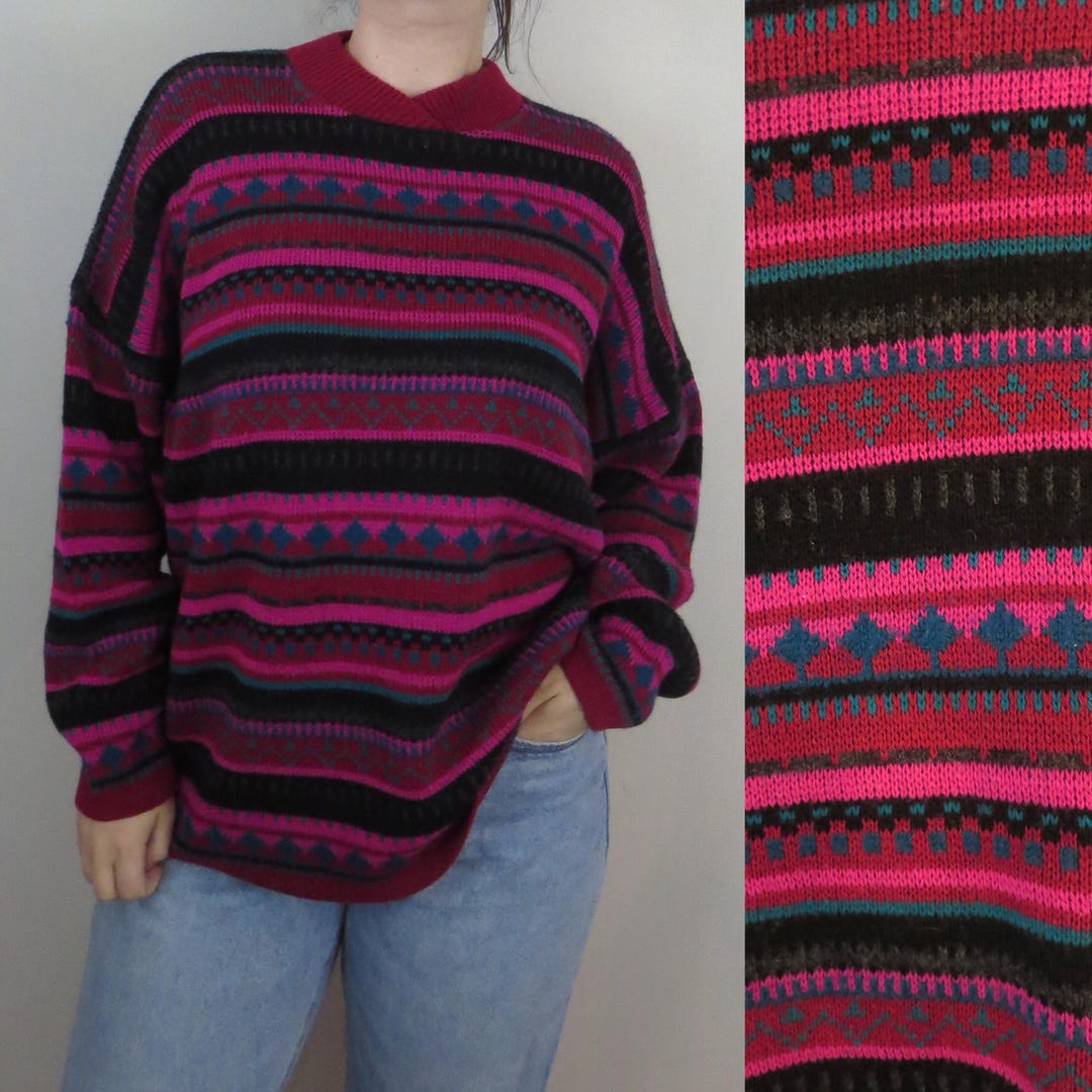 Pull Vintage Blue Seven En Mohair Rose - Motif Géométrique, Taille XL