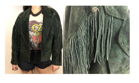 Fringe concho suede jacket - Green suede fringed c