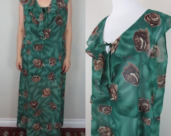 Vintage 2000er Jahre Y2K Vanity Fair Schiere Floral Maxi Kleid - Boho Hippie Rüschen Latz Kleid - Große Größe